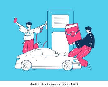 Vector Internet operation hand-drawn illustration of people getting discounts for refueling their cars