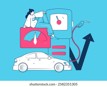 Vector Internet operation hand-drawn illustration of people getting discounts for refueling their cars