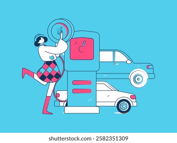 Vector Internet operation hand-drawn illustration of people getting discounts for refueling their cars