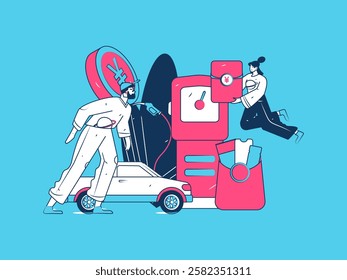 Vector Internet operation hand-drawn illustration of people getting discounts for refueling their cars
