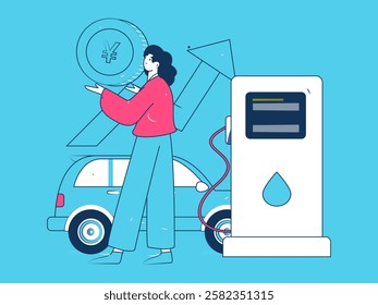 Vector Internet operation hand-drawn illustration of people getting discounts for refueling their cars