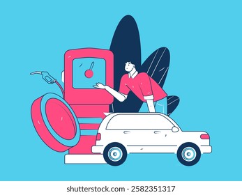 Vector Internet operation hand-drawn illustration of people getting discounts for refueling their cars