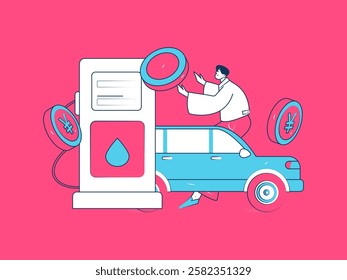 Vector Internet operation hand-drawn illustration of people getting discounts for refueling their cars