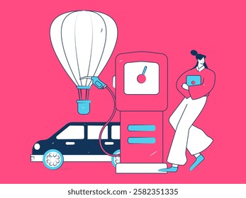 Vector Internet operation hand-drawn illustration of people getting discounts for refueling their cars
