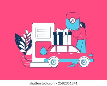 Vector Internet operation hand-drawn illustration of people getting discounts for refueling their cars