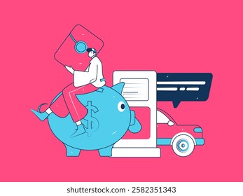 Vector Internet operation hand-drawn illustration of people getting discounts for refueling their cars