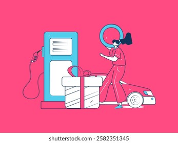 Vector Internet operation hand-drawn illustration of people getting discounts for refueling their cars