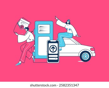 Vector Internet operation hand-drawn illustration of people getting discounts for refueling their cars