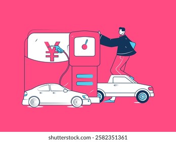 Vector Internet operation hand-drawn illustration of people getting discounts for refueling their cars
