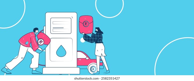 Vector Internet operation hand-drawn illustration of people getting discounts for refueling their cars
