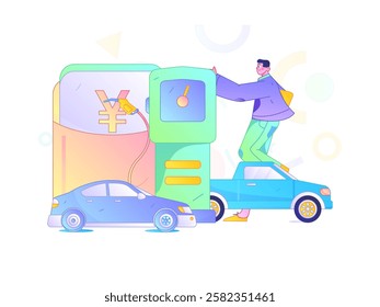 Vector Internet operation hand-drawn illustration of people getting discounts for refueling their cars