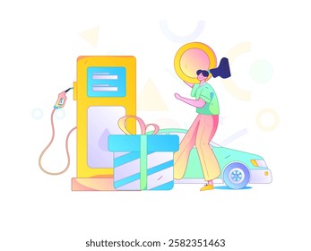 Vector Internet operation hand-drawn illustration of people getting discounts for refueling their cars