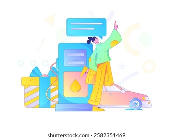 Vector Internet operation hand-drawn illustration of people getting discounts for refueling their cars