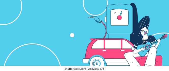 Vector Internet operation hand-drawn illustration of people getting discounts for refueling their cars
