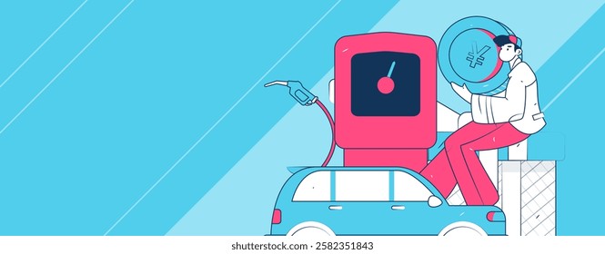 Vector Internet operation hand-drawn illustration of people getting discounts for refueling their cars
