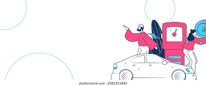 Vector Internet operation hand-drawn illustration of people getting discounts for refueling their cars
