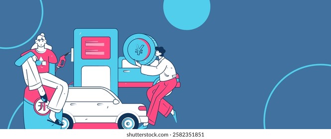 Vector Internet operation hand-drawn illustration of people getting discounts for refueling their cars
