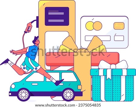 Vector internet operation hand-drawn illustration of people getting discounts for refueling the car
