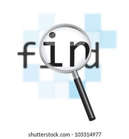 Vector internet search conceptual image. Magnifying glass focusing on the word 'find' against a defocused pixelated digital abstract background.
