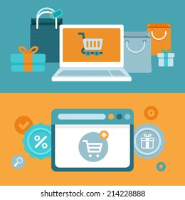 Vector internet shopping concept in flat style - marketing and e-commerce icons and sign on horizontal banners - shopping bags and computer