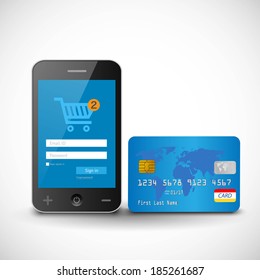 vector internet shopping with smart phone and credit card