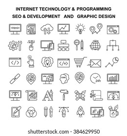 Vector Internet technology and programming linear icons. Html and php  line style simbols. Black development, seo and optimization and graphic designer tools icons.