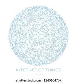 Vector internet of things circle outline icon ornament with wireless network and cloud computing digital IoT smart technology symbols in round shape mandala.