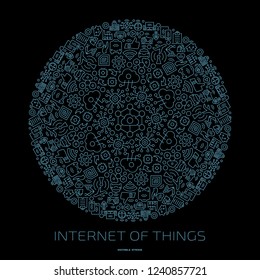Vector internet of things circle outline icon ornament on a black background with wireless network systems and cloud computing digital IoT smart technology sign in round shape mandala.