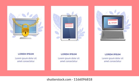 Vector internet website access forbidden concept poster set with desktop monitor chained by golden chain with lock, smartphone, laptop with banned, stop signage. Global communication problems