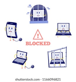 Vector internet website access forbidden concept with shocked laptop, smartphone and tablet character in prison holding jail bars, standing in shackles. Web ban symbol. Global communication problems