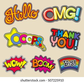 Vector internet words embroidery stitched badges, fashion stickers thank you and wow, boom and hello, omg and yes illustration