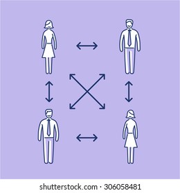 Vector interpersonal relationship skills icon of group of businessman connected with arrows | modern flat design soft skills linear illustration and infographic on violet background