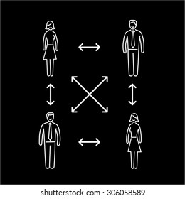 Vector interpersonal relationship skills icon of group of businessman connected with arrows | modern flat design soft skills linear illustration and infographic white on black background