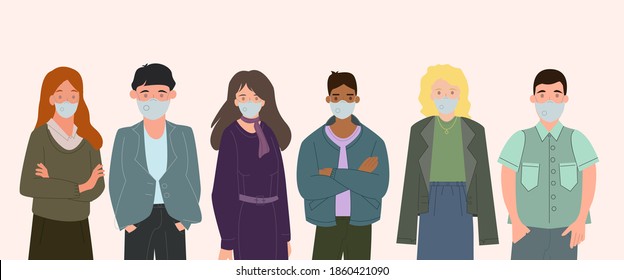 vector with interracial people in medical masks standing on white, coronavirus concept