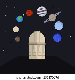 Vector interstellar space illustration with Observatory astronomy tower under star sky and planets of Solar system. 
