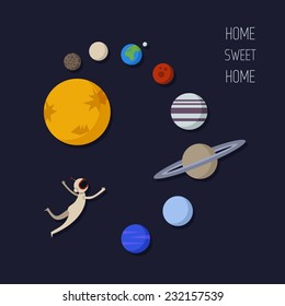 Vector interstellar space illustration of solar system and spaceman