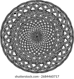 Vektor verwoben Spiral Mandala Ornament inspiriert von Aomori Tsugaru Lackstil, symbolisiert Kontinuität und Einheit, abstrakte nahtlose kreisförmige Muster für Textilien und Tapete
