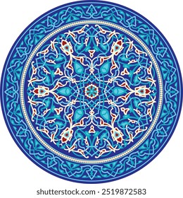 Vector of an intricate circular geometric pattern inspired by Islamic art, in vibrant blue tones. Symmetrical with interwoven shapes and floral motifs, perfect for decor, carpets, wallpaper, or design