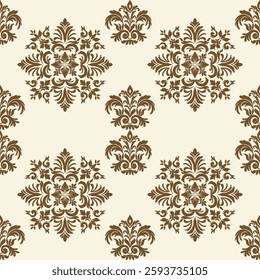 Vector Intricate Floral Damask Seamless Pattern in Brown on cream Background, damask Ikat floral seamless pattern vector illustration, for Elegant baroque wallpaper, textile, and elegant decoration.