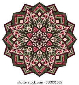 Vector, intricate mandala in green and pink colors on a white background. You can use this pattern in the design of carpet, cushion, textile. Sketch of tattoo. Oriental decorative element.