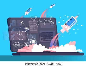 Vector of The invention of the cure for viral diseases has been successful, vaccine and syringe. give a flu shot.vector illustration.