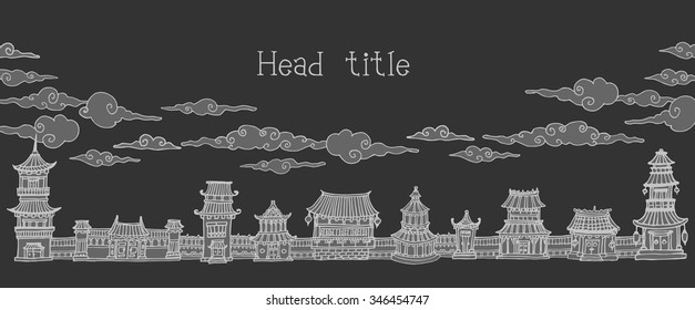 vector inverse banner. header with traditional east asian town