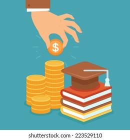 Vector invest in education concept in flat style - stack of coins and book with university hat