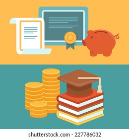 Vector invest in education concept in flat style - stack of coins and book with university hat