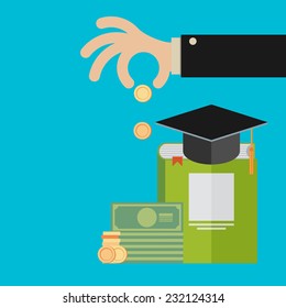Vector invest in education concept in flat style - stack of coins and book with university hat