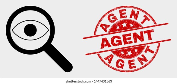 Vector investigate icon and Agent seal stamp. Red round textured seal stamp with Agent text. Vector composition for investigate in flat style. Black isolated investigate icon.