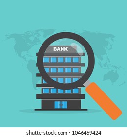 Vector investment concept in flat style Magnifying glass with bank building backgroud, Investment concept