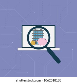 Vector investment concept in flat style Magnifying glass with bank building backgroud, Investment concept