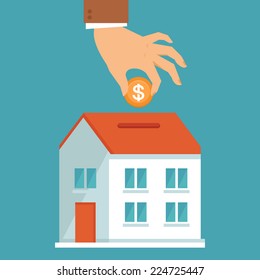 Vector investment concept in flat style - businessman's hand putting coin inside the house - real estate investment