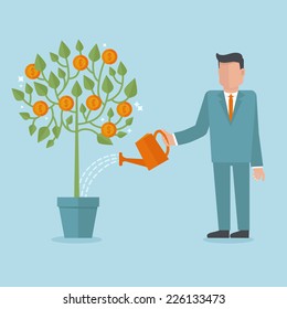 Vector investment concept in flat style - businessman watering money tree